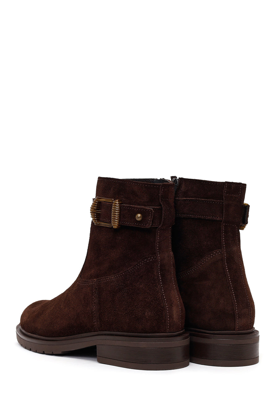 Woman Brown Zip Closure Buckled Suede Leather Boots