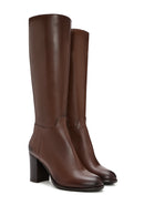 Woman Brown Zippered Chunky Heels Leather Boot | Derimod