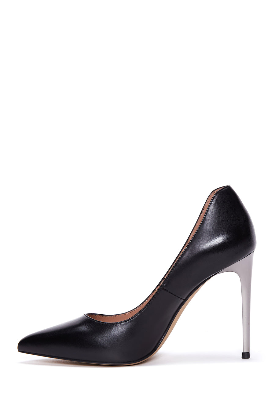 Women's Black Leather Metal Heeled Stiletto