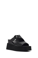 Women's Black Buckle Platform Leather Slippers | Derimod