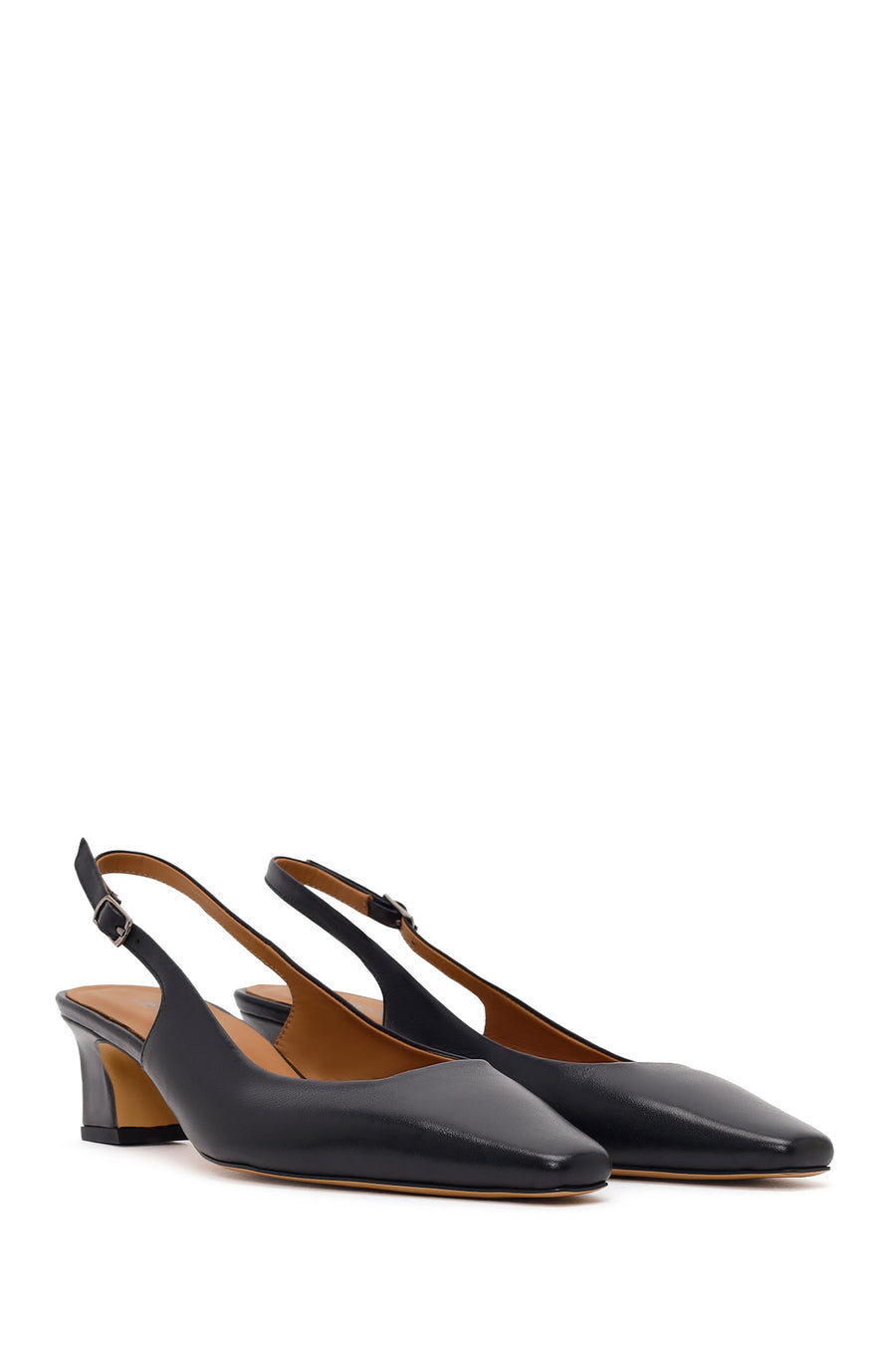 Women's Black Open Back Short Chunky Heel Leather Shoes