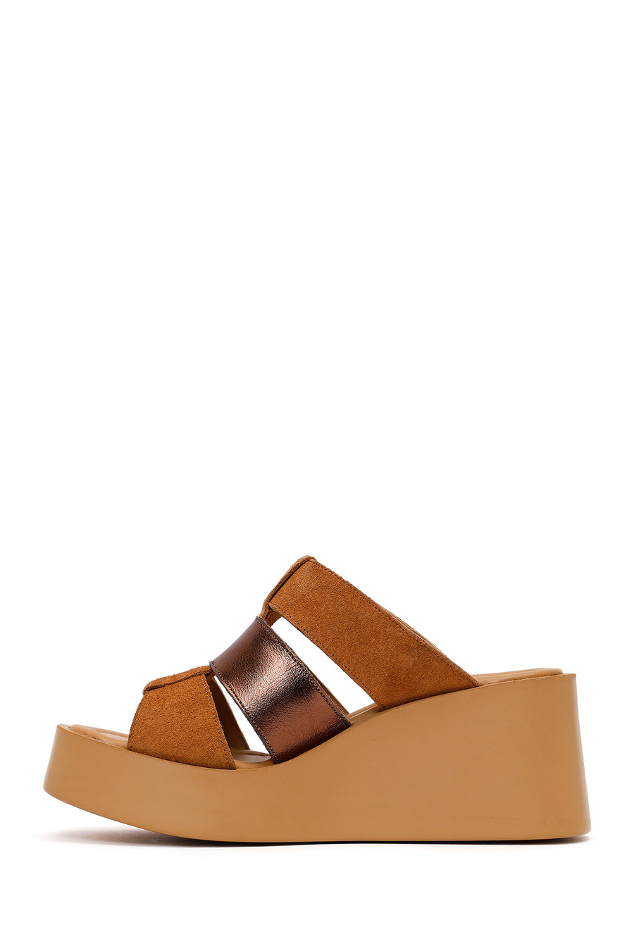 Woman Tan Wedge-Heel Suede Leather Comfort Slippers