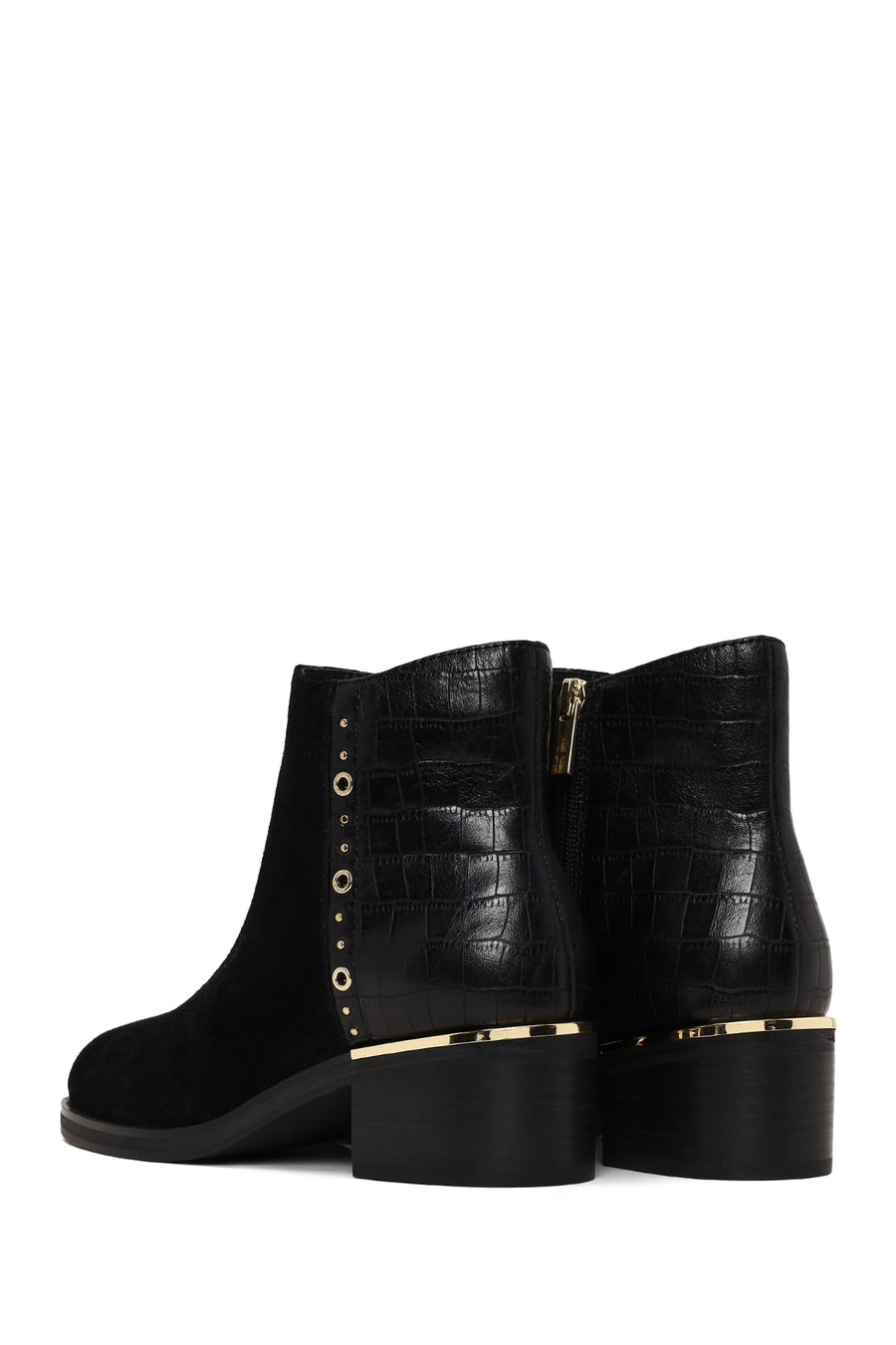 Woman Black Zip Closure Crocodile Patterned Chunky Heeled Suede Boots