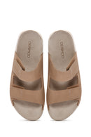 Women's Beige Double-Strap Nubuck Leather Comfort Slippers | Derimod
