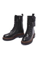 Women's Black Zippered Lace-Up Leather Combat Boots | Derimod