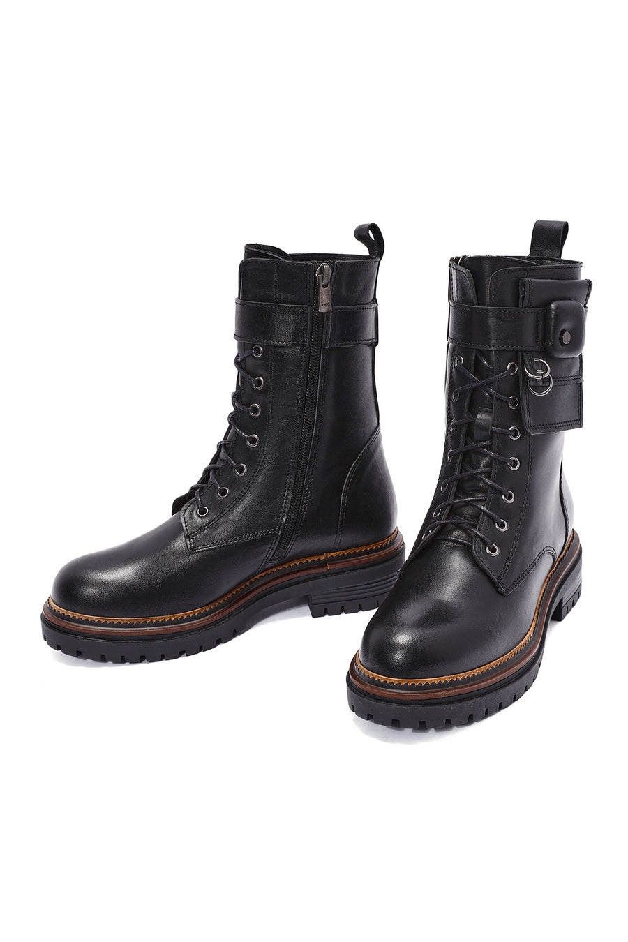 Women's Black Zippered Lace-Up Leather Combat Boots