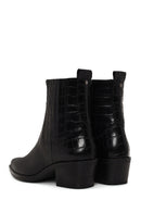 Woman Black Thick-Heel Croc-Embossed Leather Cowboy Boots | Derimod