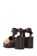 Woman Beige Ankle-Strap Buckled Thick-Heeled Suede Leather Sandals | Derimod