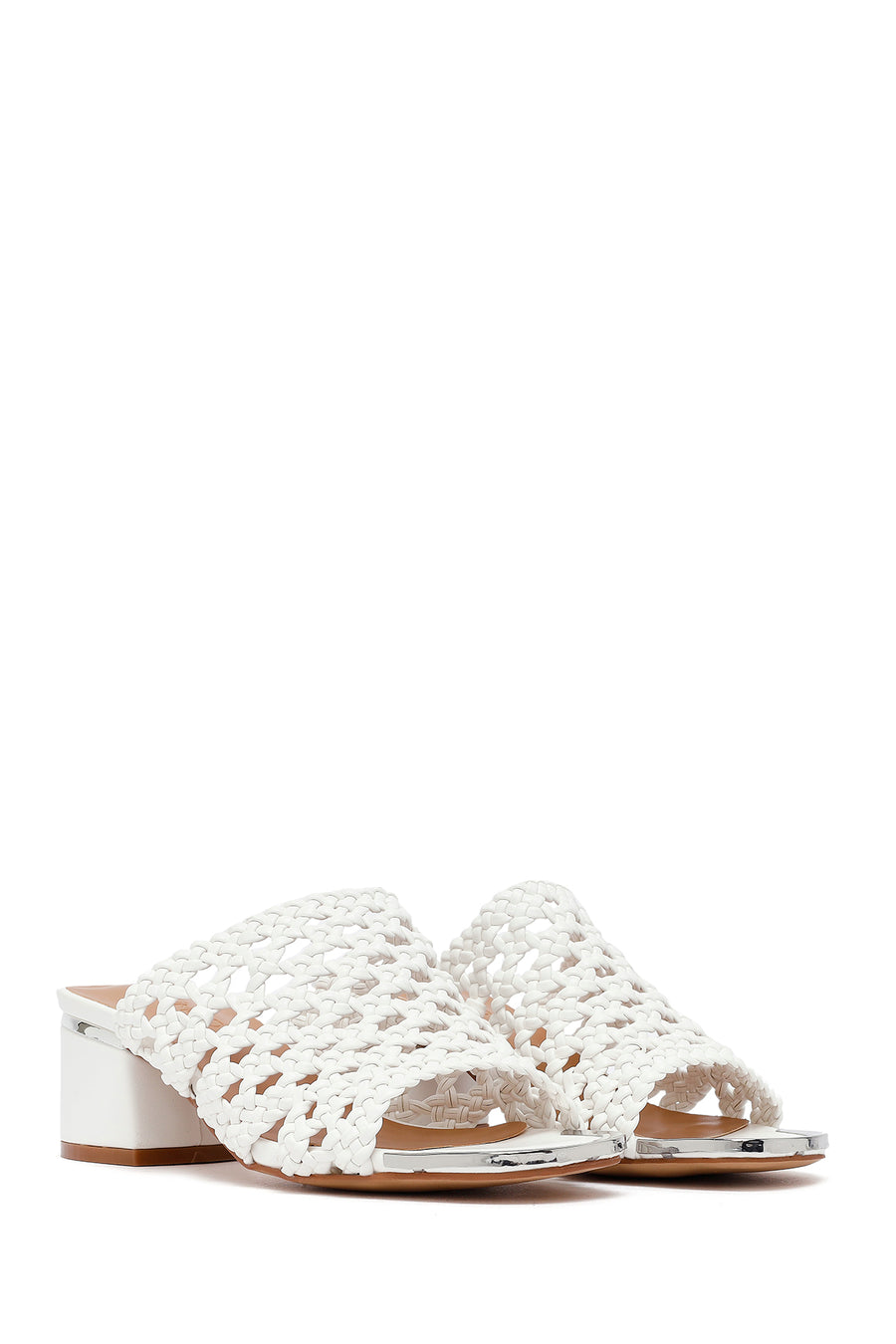 Women's White Knitted Short Thick Heeled Slippers