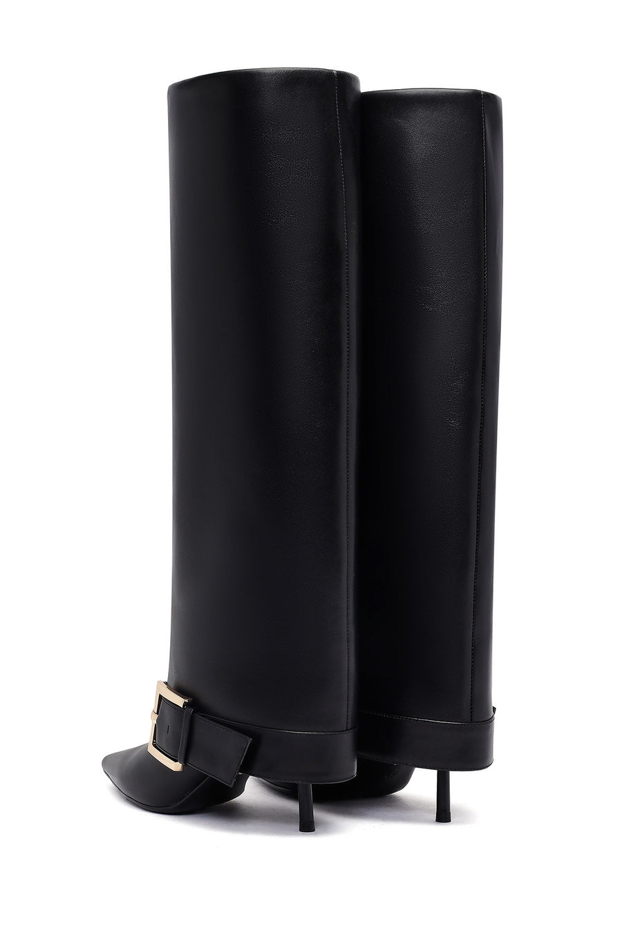 Women's Black Buckled Thin Heeled Leather Boot