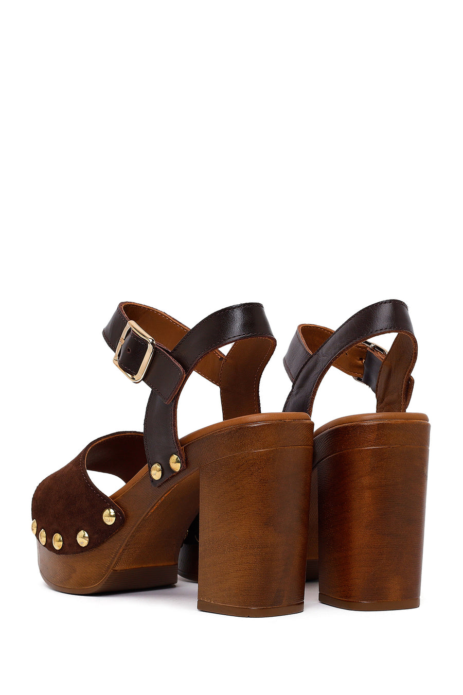 Woman Brown Ankle Buckle Platform High Chunky Heeled Suede Sandal