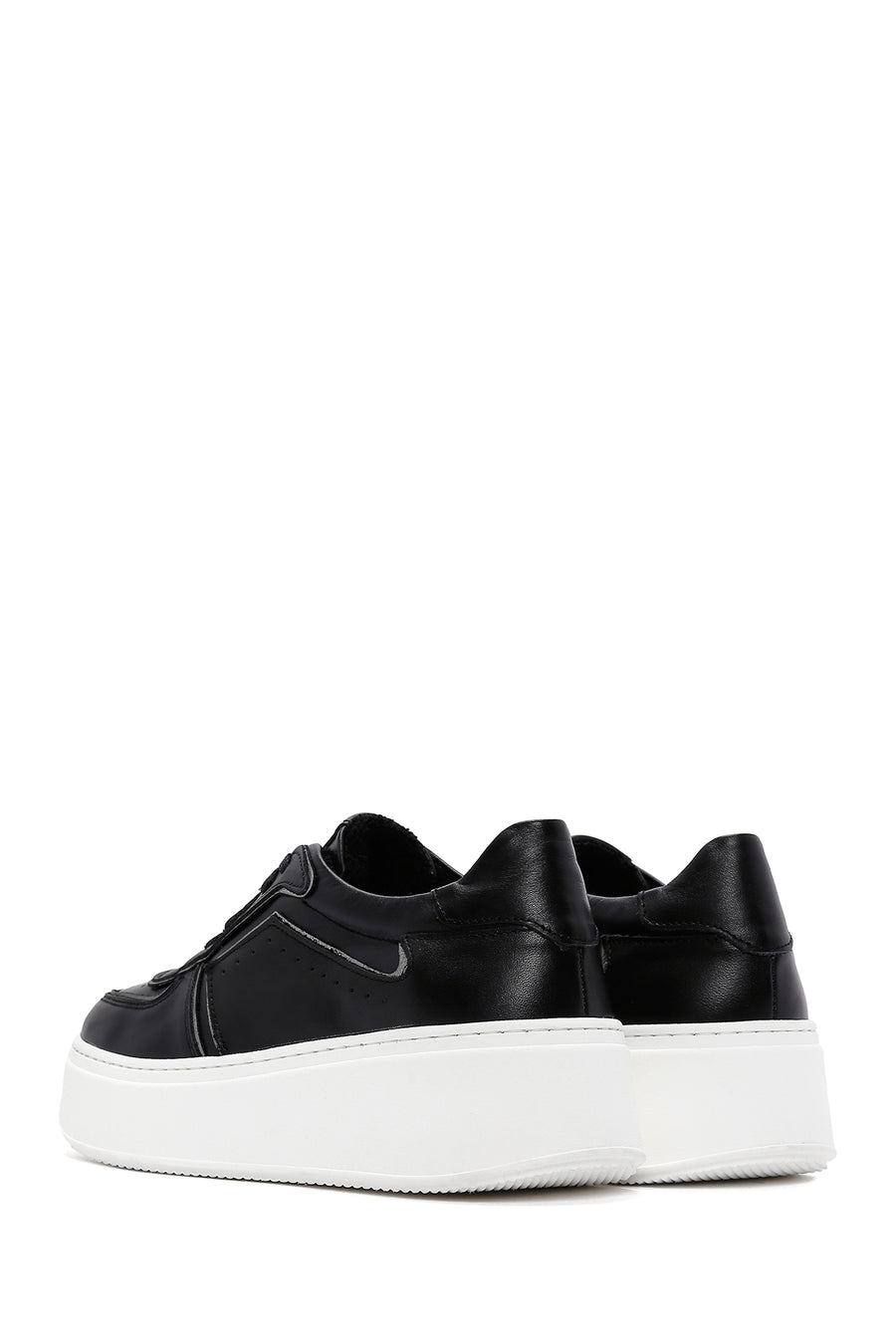 Women's Black Leather Thick Soled Sneaker