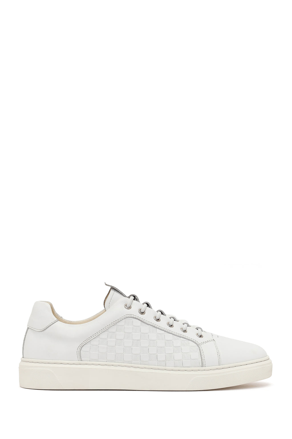 Erkek Beyaz Bağcıklı Desenli Deri Sneaker