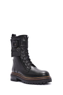 Women's Black Zippered Lace-Up Leather Combat Boots | Derimod