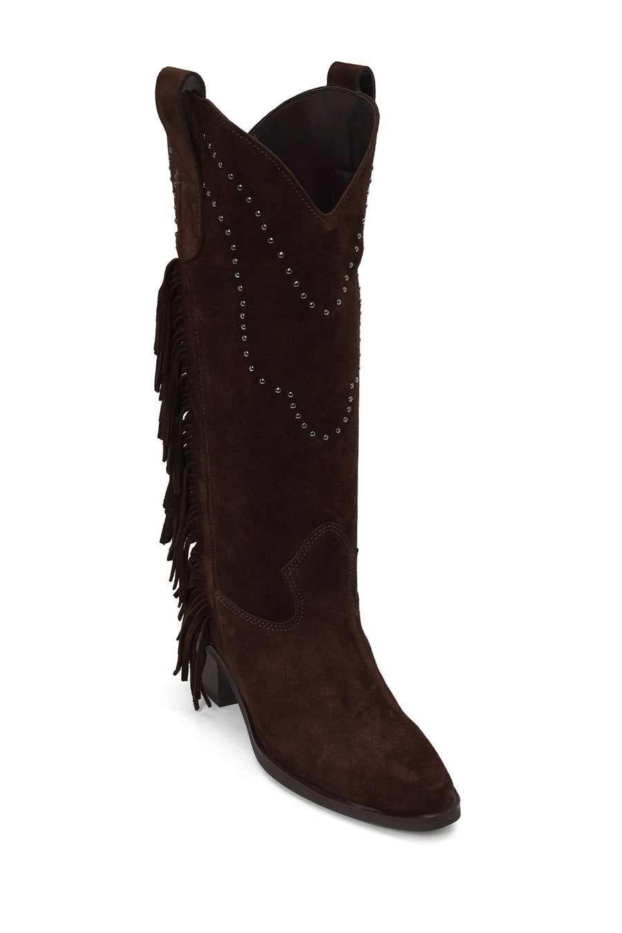 Woman Brown Tassel Chunky-Heeled Suede Leather Cowboy Boots