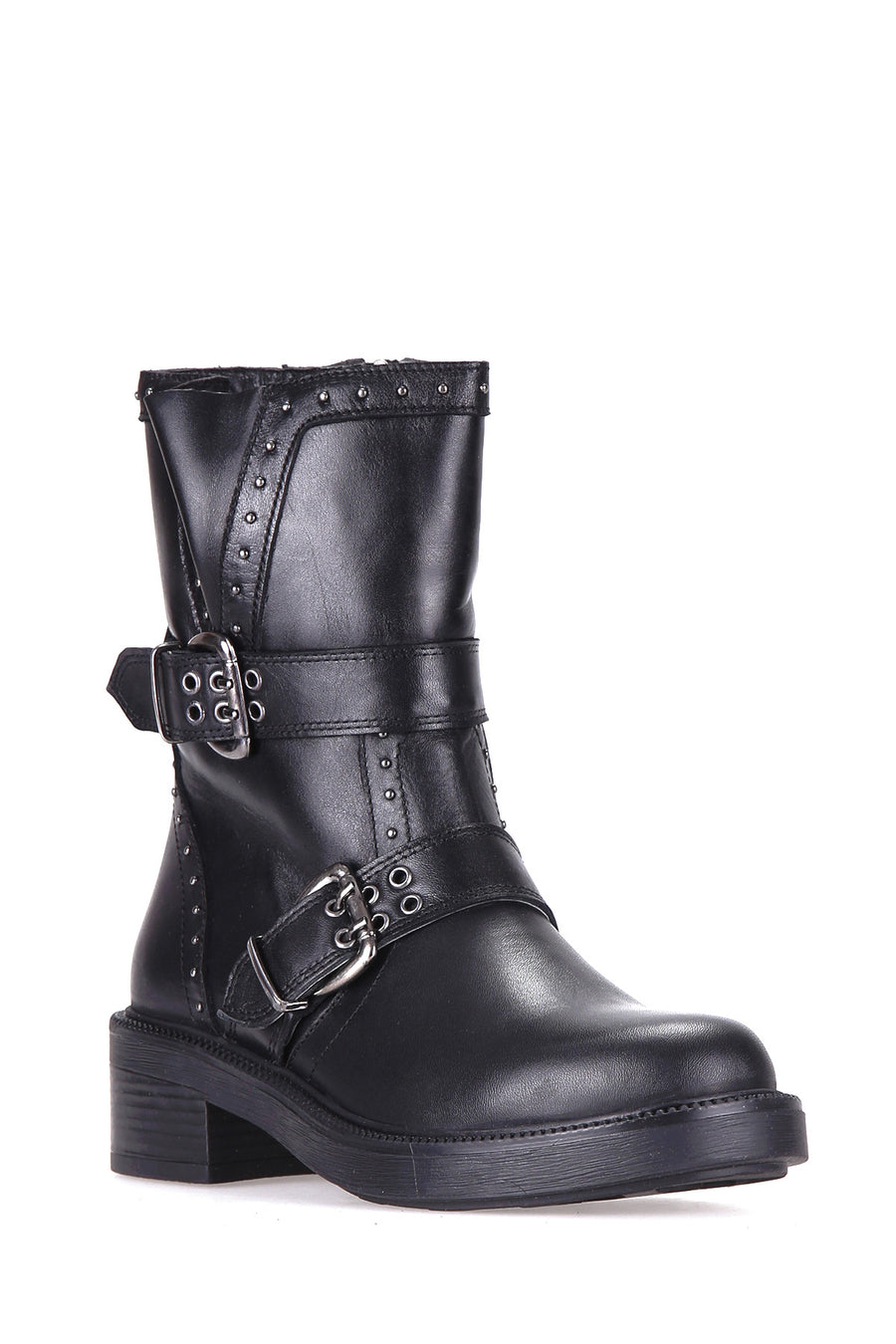 Women's Leather Boots with Studs and Buckle Detail