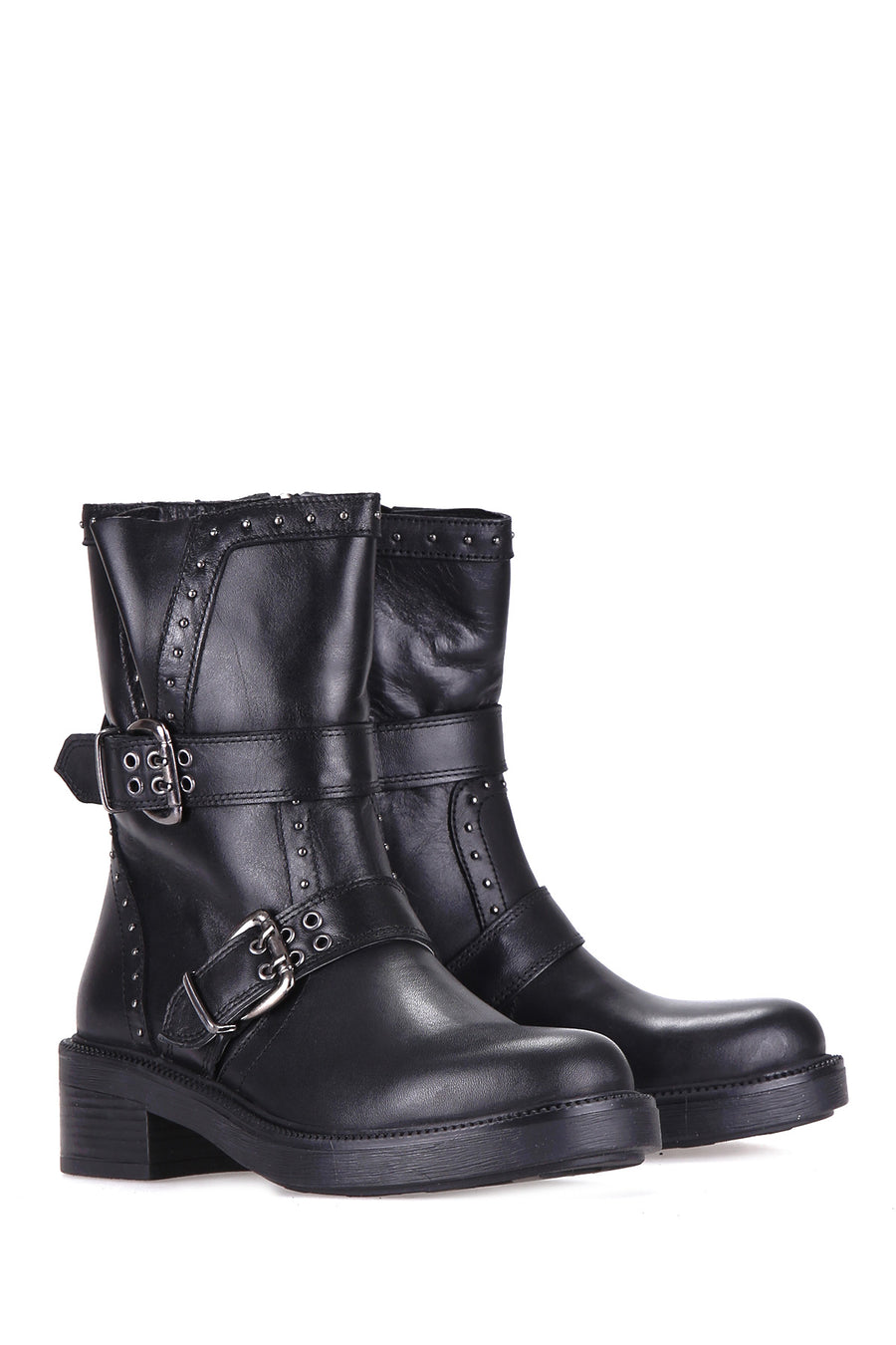Women's Leather Boots with Studs and Buckle Detail