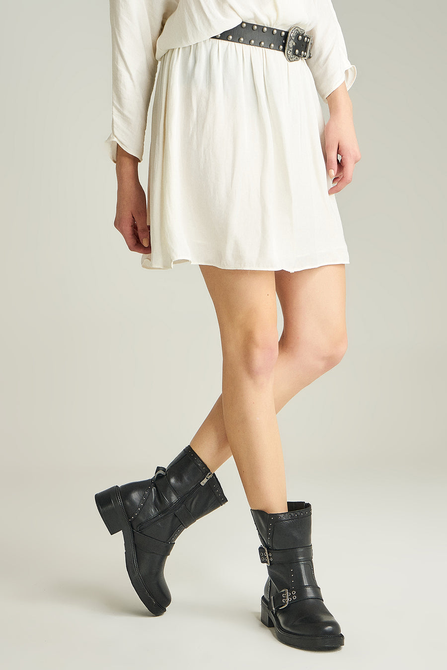 Women's Leather Boots with Studs and Buckle Detail