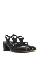 Women's Black Double Buckled Open Back Thick Heel Patent Leather Shoes | Derimod