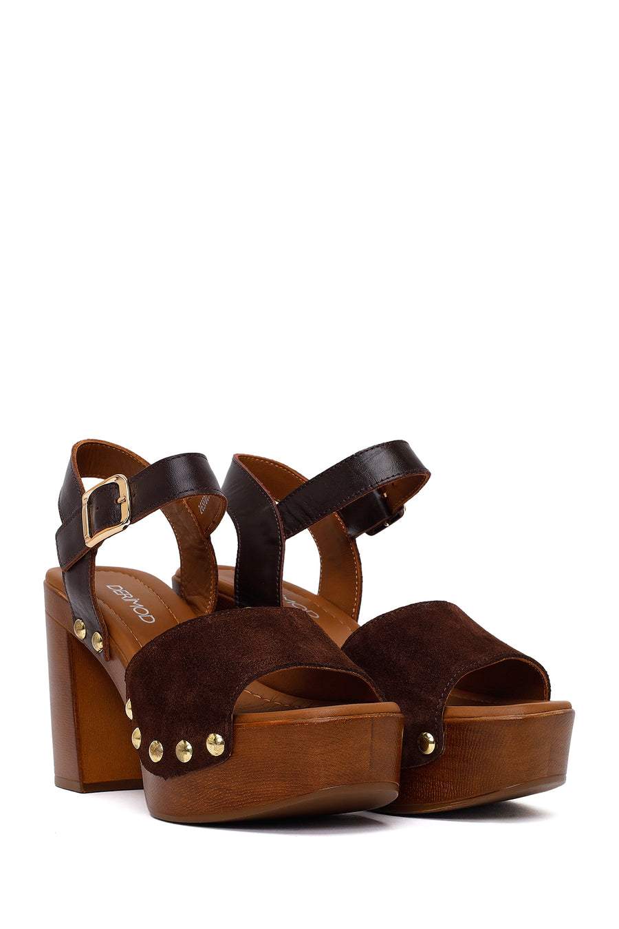 Woman Brown Ankle Buckle Platform High Chunky Heeled Suede Sandal