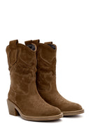 Woman Mink Suede Low Chunky Heel Leather Cowboy Boots | Derimod