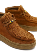 Women's Tan Lace-Up Thick Sole Suede Leather Teddy Boot | Derimod