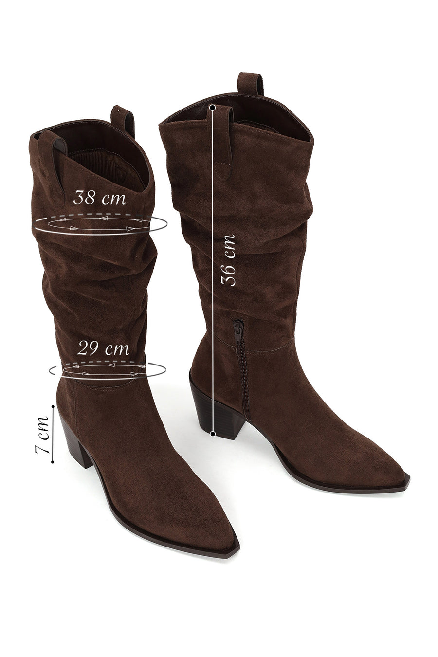 Woman Brown Zip Closure Chunky Heeled Suede Cowboy Boots