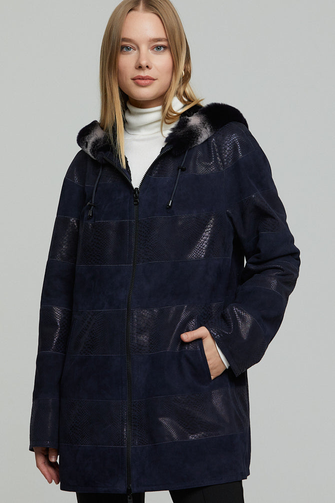Dalia Women's Navy Blue Hooded Leather Coat 19WGD5815MX | Derimod