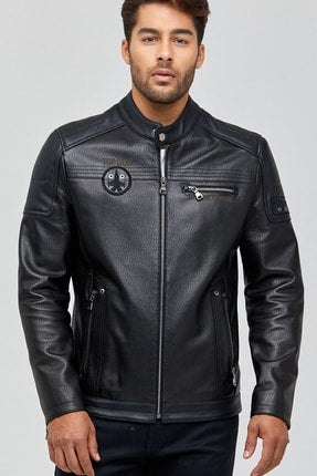 Kawhi Erkek Siyah Slim-Fit Armalı Deri Mont
