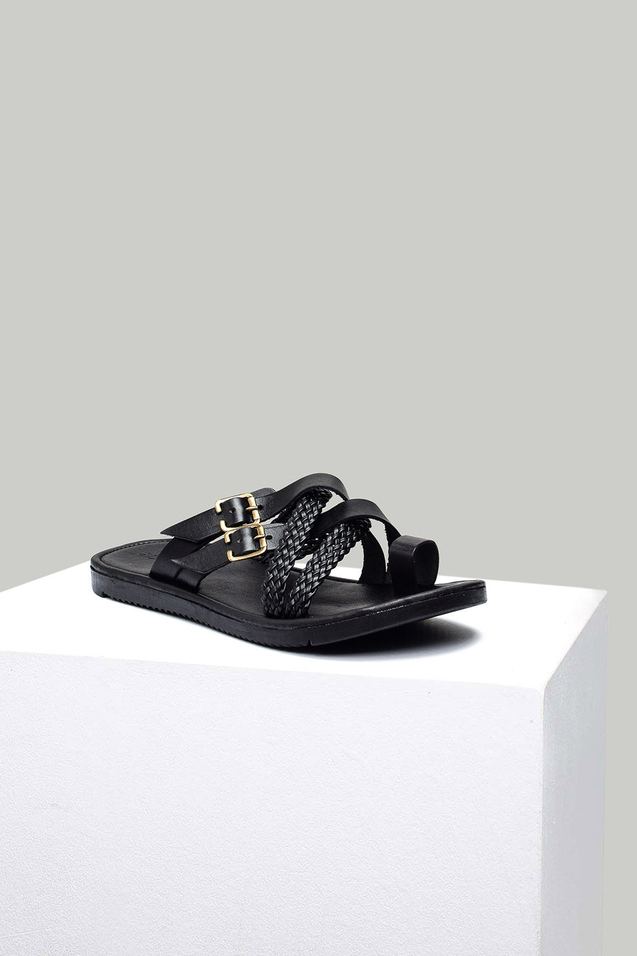 Black Men's Leather Sandals with Mesh Detail 18SFD322414 | Derimod