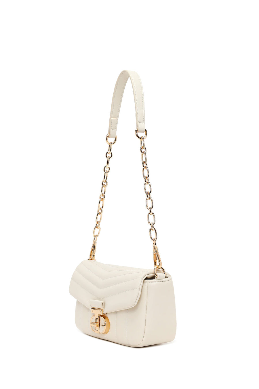 Woman Cream Long-Strap Quilted Mini Crossbody Bag