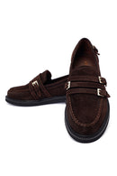 Woman Brown Buckled Suede Masculine Loafer | Derimod