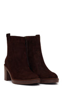 Woman Brown Zip Closure Chunky Heeled Suede Boots | Derimod