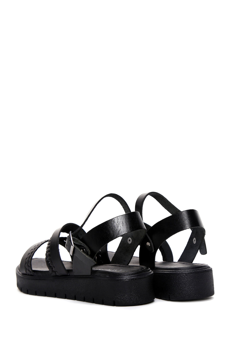 Women's Black Thick Soled Knitted Detailed Leather Bodrum Sandals