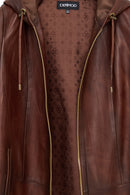 Daniela Women's Brown Hooded Long Oversize Leather Coat | Derimod