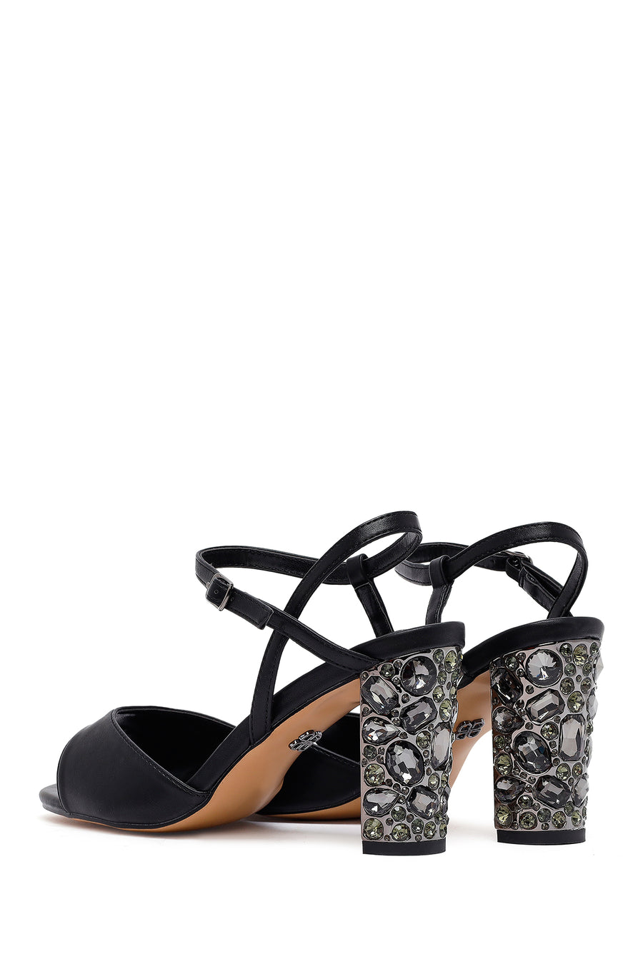 Women's Black Metallic Ankle Buckle Chunky Heel Sandals