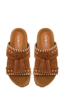 Women's Tan Tassel Suede Leather Slippers | Derimod
