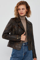 Newyork Women's Brown Vintage Biker Leather Jacket | Derimod