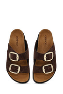 Women's Brown Double Buckle Thick Sole Suede Leather Slippers | Derimod