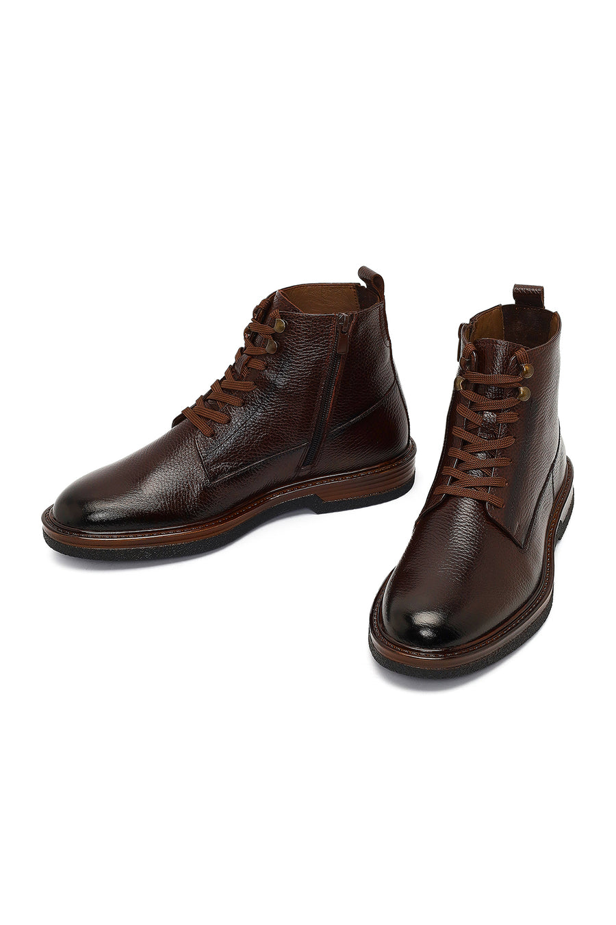 Male Brown Lace-Up Zip Closure Leather Casual Boots