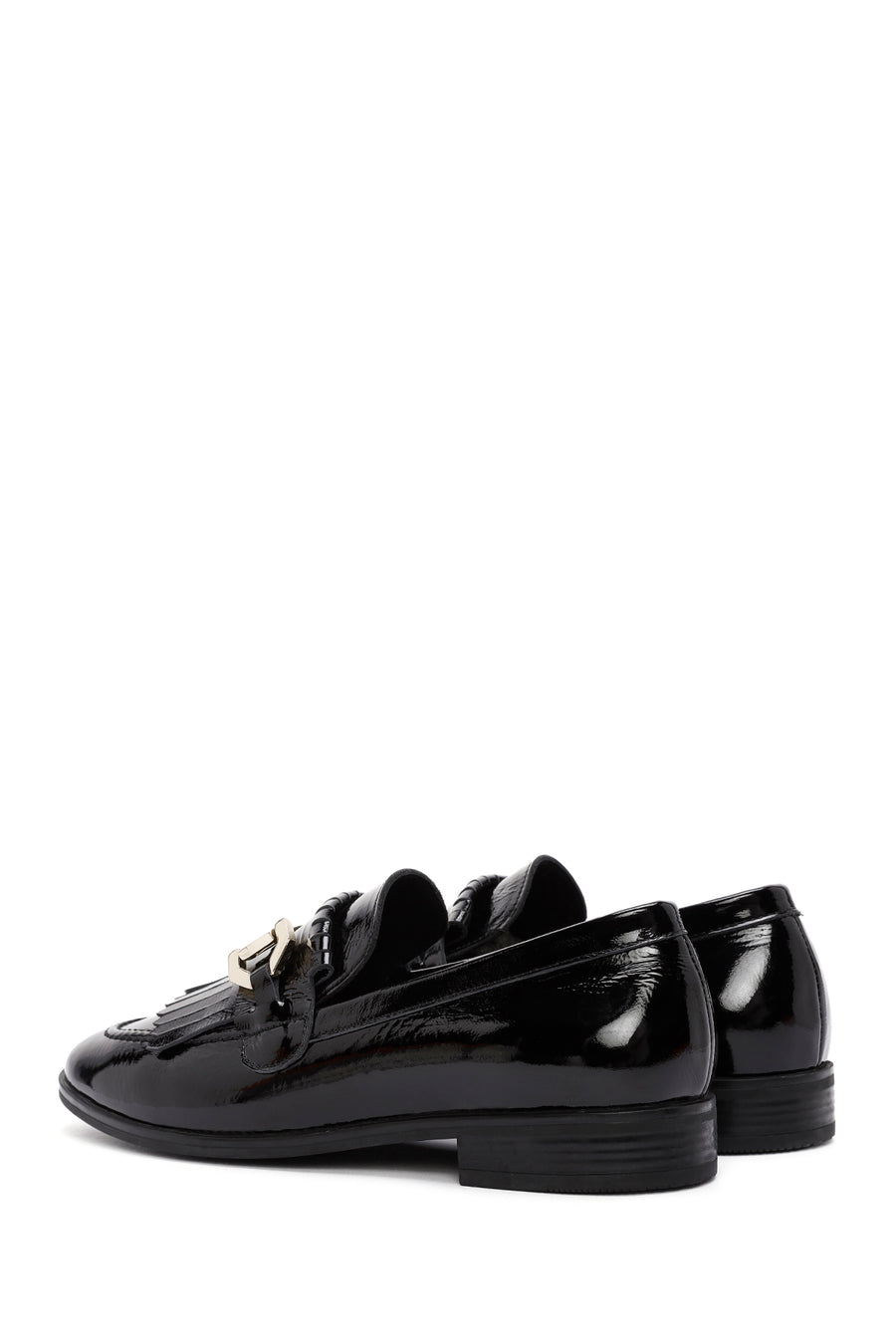 Women's Black Buckle Detailed Patent Leather Masculine Loafer