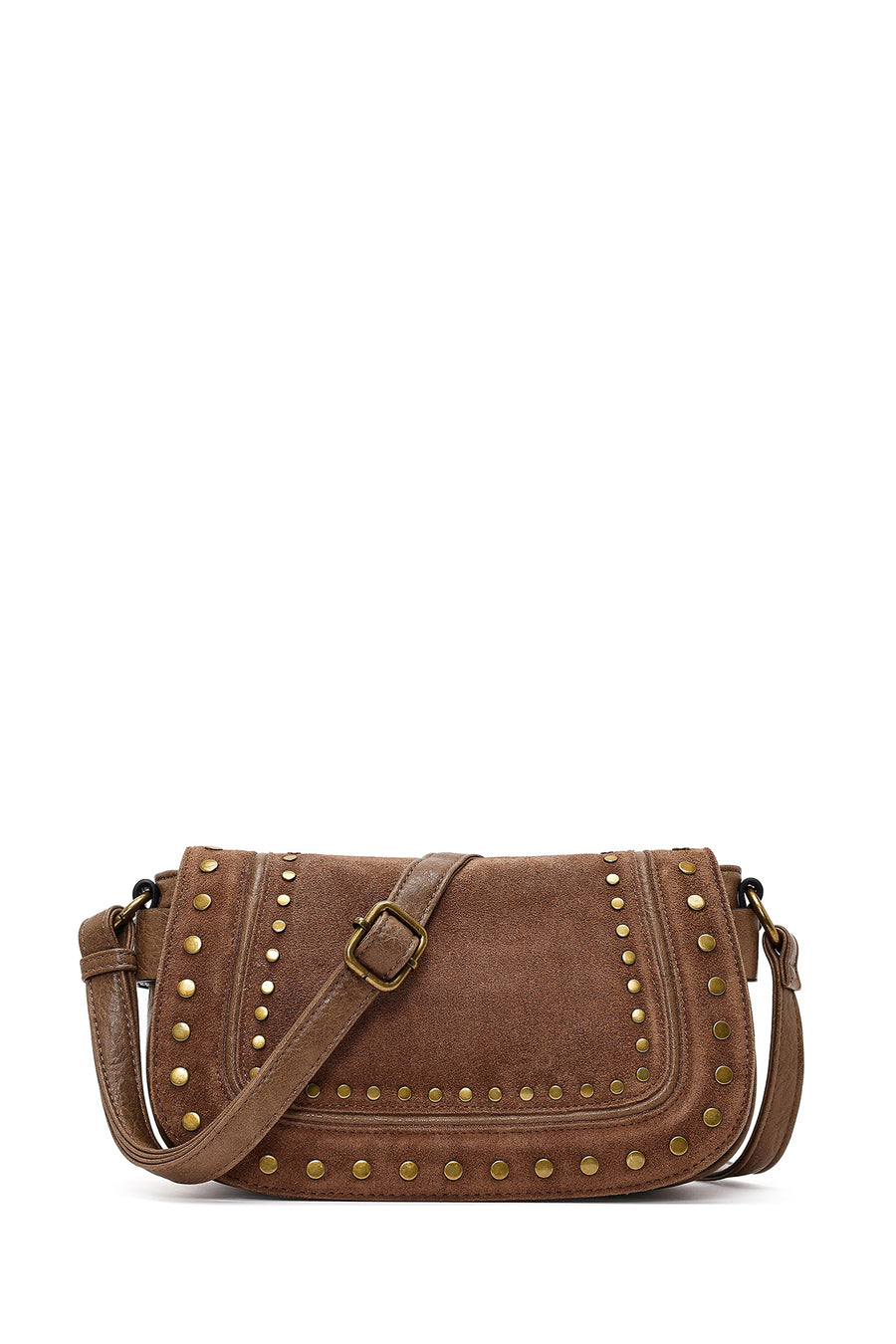 Woman Tan Long-Strap Studded Suede Crossbody Bag WB100009KS | Derimod