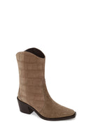 Woman Mink Print Thick-Heeled Suede Cowboy Boots | Derimod