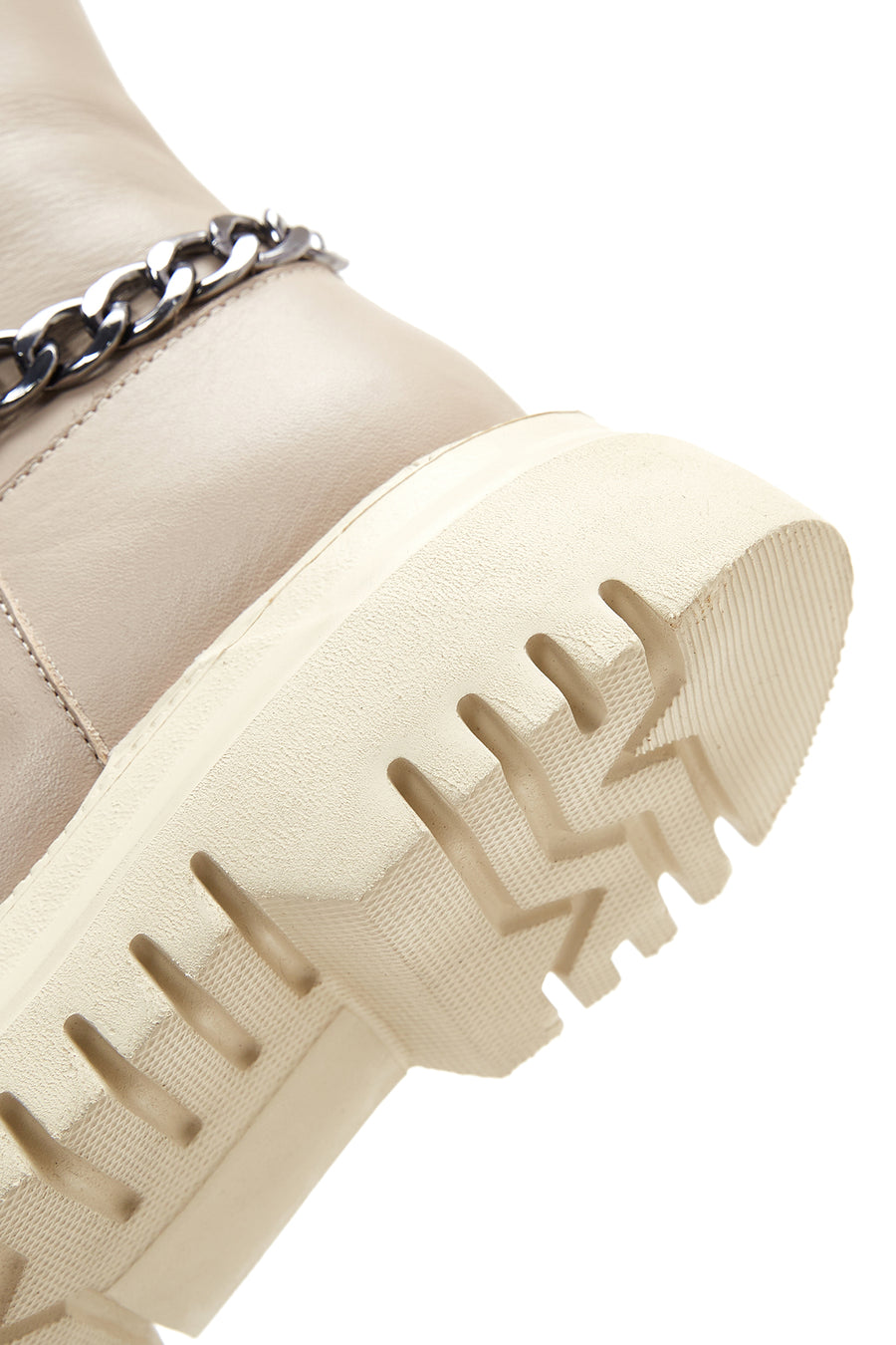 Women's Beige Leather Zippered Chain Detailed Boots