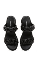 Women's Black Leather Knitted Comfort Slippers | Derimod