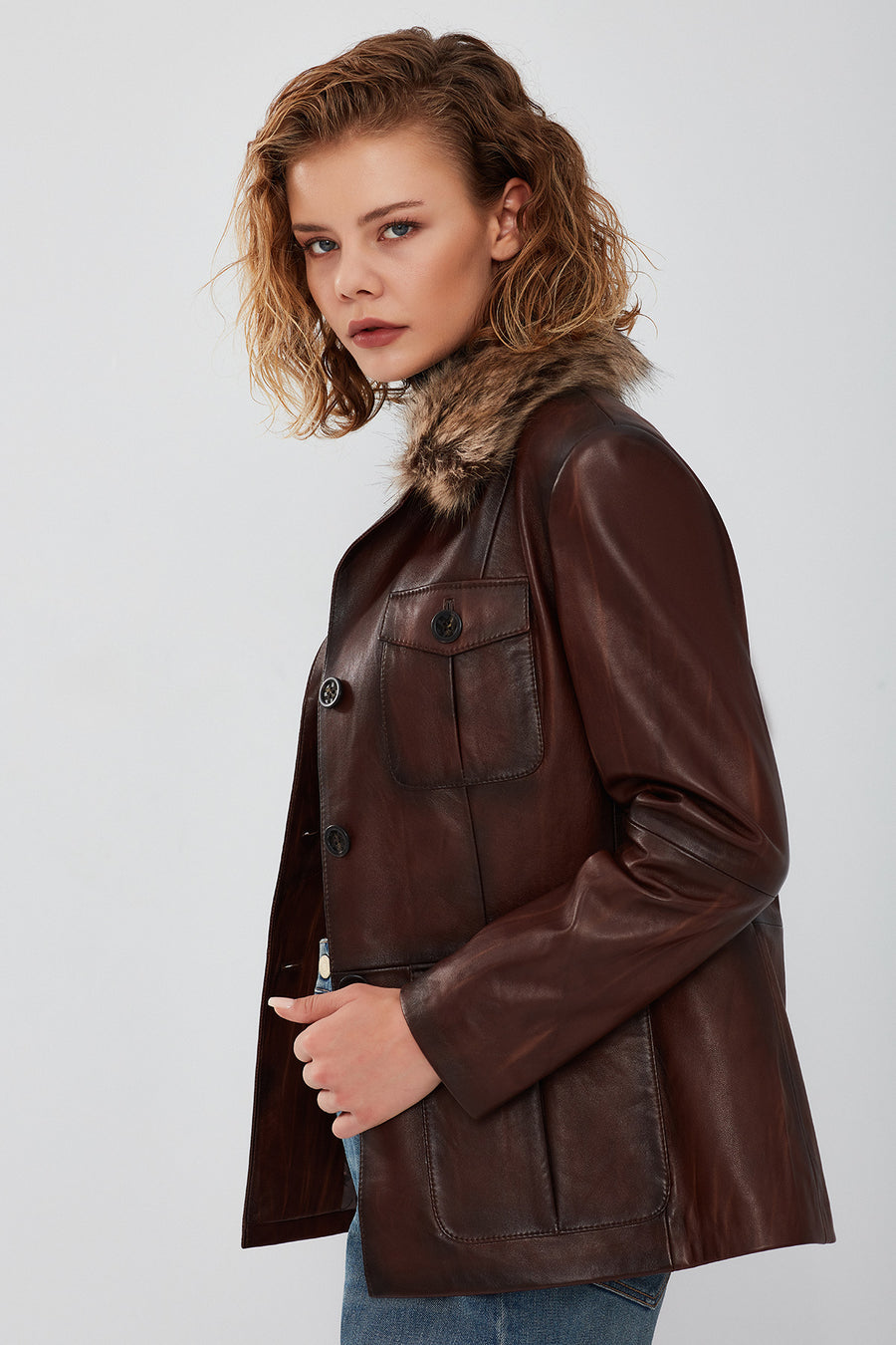 Anais Kadın Kahverengi Yakası Kürklü Blazer Deri Ceket
