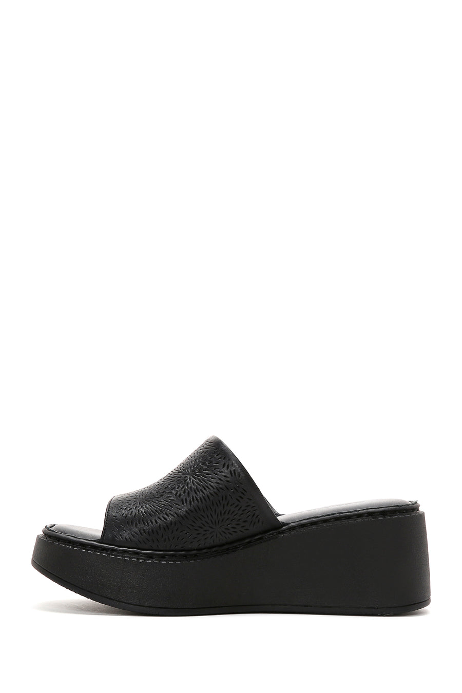 Women's Black Wedge Heeled Leather Comfort Slippers