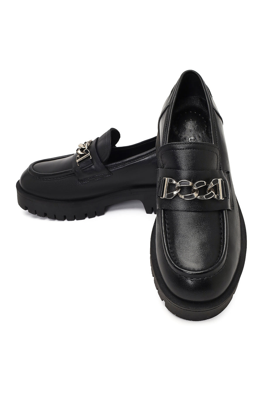 Women's Black Thick-Soled Buckled Leather Masculine Loafer