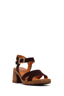 Woman Brown Ankle-Buckle Chunky-Heel Suede Leather Sandals | Derimod