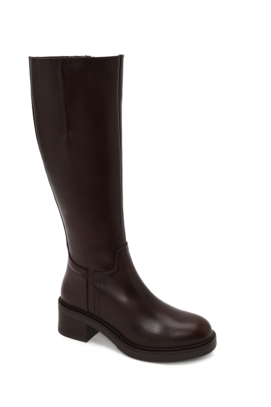 Woman Brown Zip Closure Thick-Heeled Leather Boots
